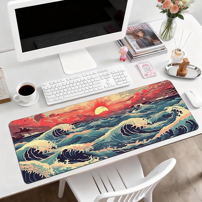 Gaming Desk Mat with Silky Smooth Surface & Exquisite Patterns,31.5x11.8 Inches Large-Sized Mouse Pad, Perfect for Extended Gaming,Work,and Home Office Decor (Japanese Waves 1) - Image 2