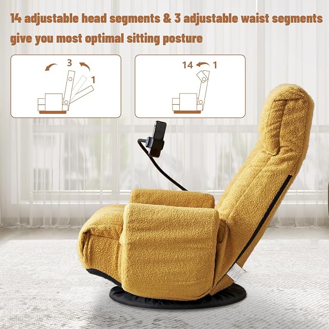 360° Swivel Floor Gaming Chair Teddy Folding Lounge Chair Sofa Chair with Adjustable Head and Waist, Armrests & Phone Holder, Padded Cushion Leisure Chairs for Living Room Bedroom (Yellow) - Image 3