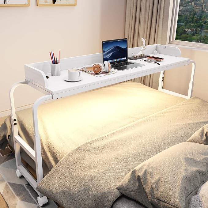 Overbed Table with Wheels, Mobile Bed Table with Adjustable Height Length, Desk for Bed Queen King Size with Charging Station and LED Light, Rolling Table for Eating, Laptops, Hospitals by OTUTUMUS