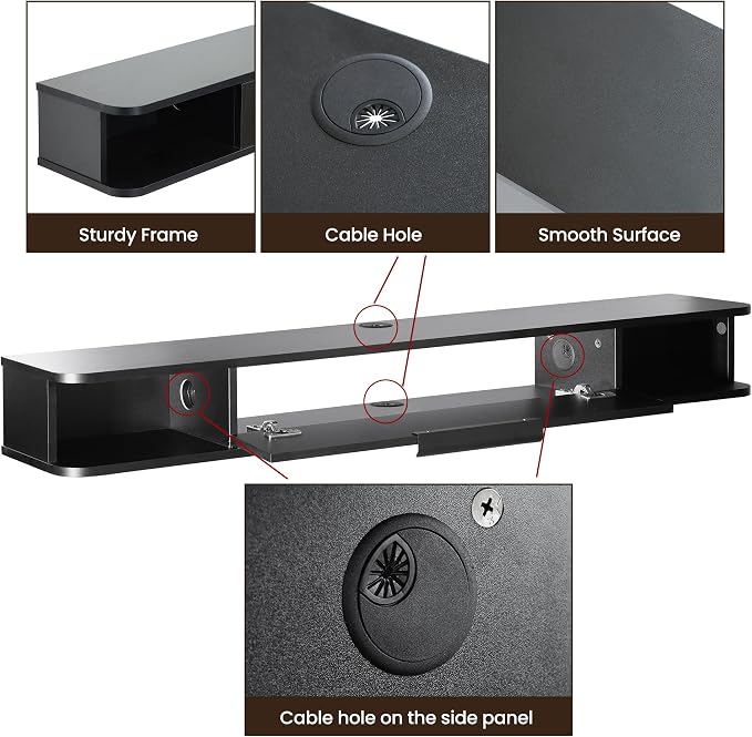 Floating TV Stand, 55" Wall Mounted TV Cabinet, Wood Media Console for TVs up to 65", Entertainment Center with Storage for Living Room, Under TVs Shelf for DVD Player, Black - Image 8