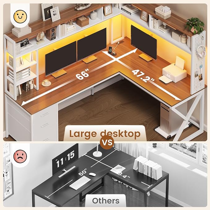 SEDETA L Shaped Gaming Desk with Storage Drawers and Hutch, Convertible 94.5" Computer Desk with Drawers, Corner Computer Desk with Power Outlet, LED Lights, Pegboard for Home Office, White and Brown - Image 8