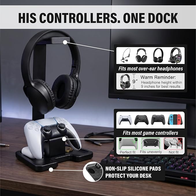 Gaming Accessories Headset Stand with Game Controller Holder & Storage Base, Stylish Gamer Gifts for Men Teenage Boy Headphone Stand, Unique Gifts for Gamers to Organize Gaming Equipment (Black Wood) - Image 5
