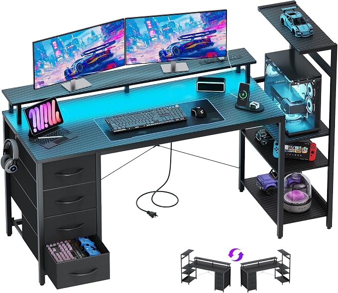 59 Inch Gaming Desk with Drawers & PC Tower Stand & LED Lights, Black by YOUDENOVA