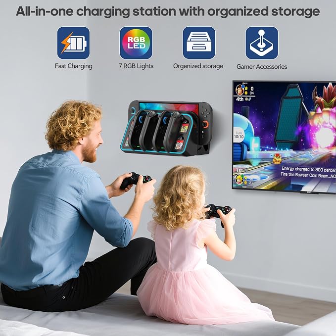 Switch 2 Wall Mount Charging Dock for 2025 Joycon 2, Wall Mount Kit Shelf for Nintendo Switch 2 Accessories, RGB Charger Dock Station with 4 Game Storage Holder for Nintendo Game Console Holder Stand - Image 6