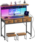 MUTUN Computer Desk with Drawers, 40 Inch Computer Desk with Power Outlet & LED Light, Gaming Desk with Adjustable Monitor Stand & Pegboard, Modern PC Study Writing Table for Bedroom, Rustic Brown by MUTUN