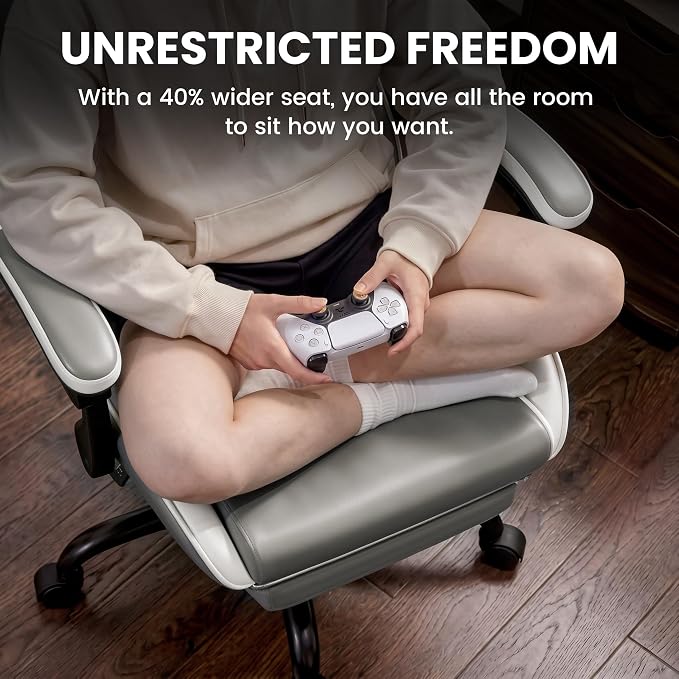 Gaming Chair, Ergonomic Footrest, Lumbar & Headrest(Grey White) | Steel frame, PVC leather & memory foam; 330 lb; 21" seat; 360° swivel, 90–155° recline; easy assembly; gaming & work - Image 7