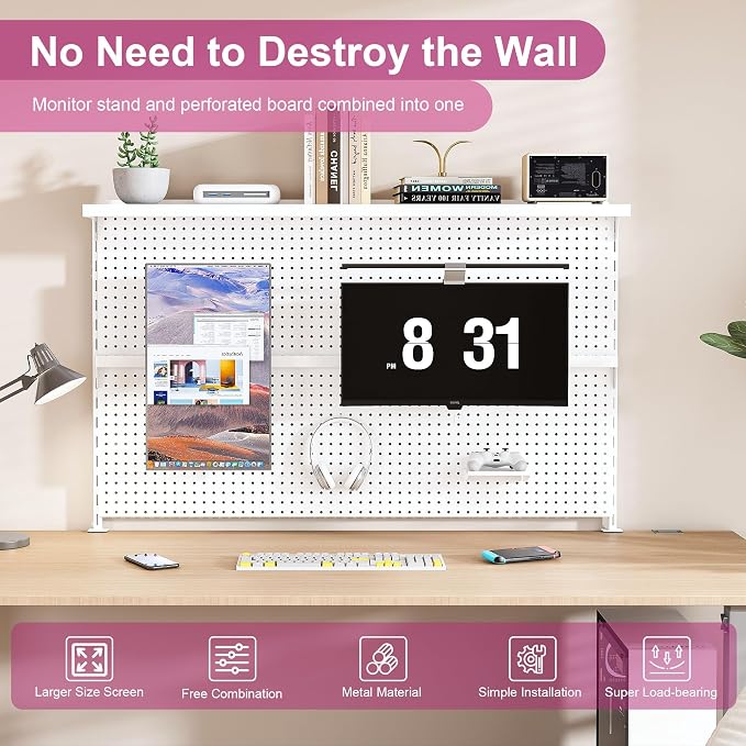 Clamp-On Metal Desk Pegboard with Dual Monitor Stand–No Drilling Needed! 59x35 Inch Steel Privacy Panel with Hooks & Movable Partition, Peg Board Wall Organizer for Gaming & Office - Image 6