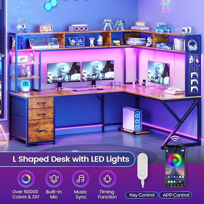 SEDETA L Shaped Computer Desk with Hutch, 3 Drawers, Shelves | Convertible 94.5" Home Office Desk with File Drawer, Power Outlet, LED Lights, Storage and Pegboard, Brown - Image 4