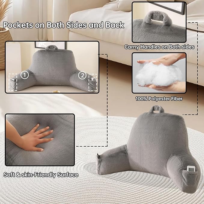 Soft Reading Pillow for Bed with Arms,Middle,Gray,Faux Fur | 17" Backrest with Arms for Gaming & Lounging,Oeko-TEX Certified Plush Back Pillow for Teens Room - Image 5