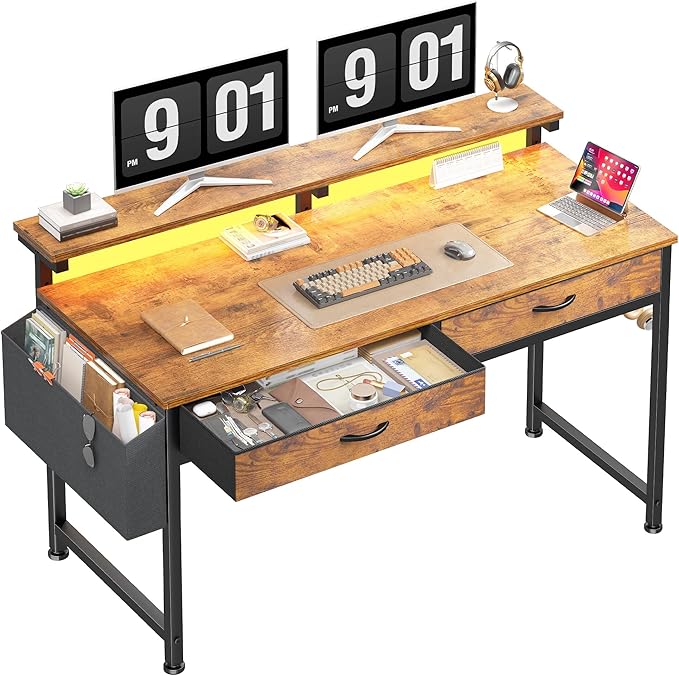 DurayLoly Gaming Desk with 2Drawers & LED Lights,Space Saving,Rustic Brown by Durayloly