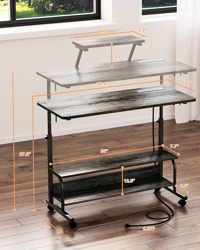 Height Adjustable Standing Desk with Power Outlets and LED Lights - 39" Manual Stand Up Desk with Monitor Stand and Storage Shelves Small Mobile Rolling Computer Desk Portable Laptop Table, Grey Oak - Image 3