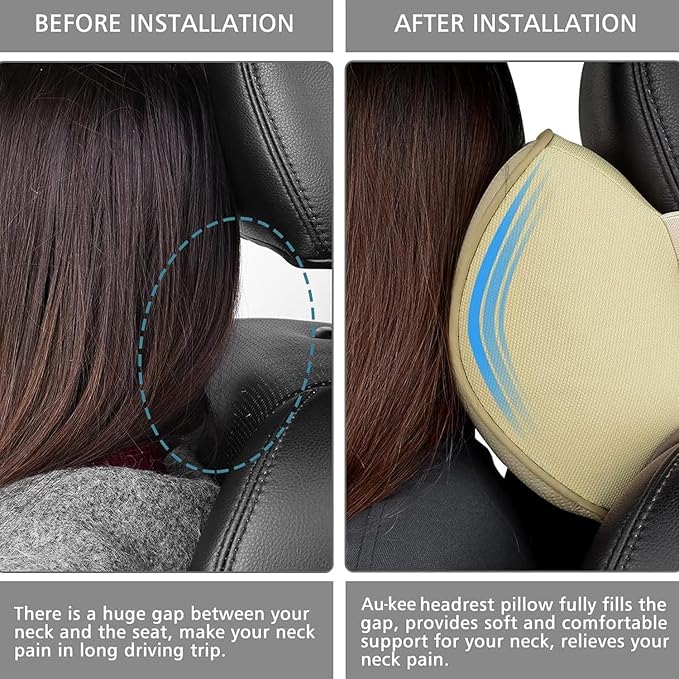 Aukee Car Headrest Pillow Memory Foam Car Neck Pillow Soft Leather Headrest for Driving Home Office Beige (1PC) - Image 4