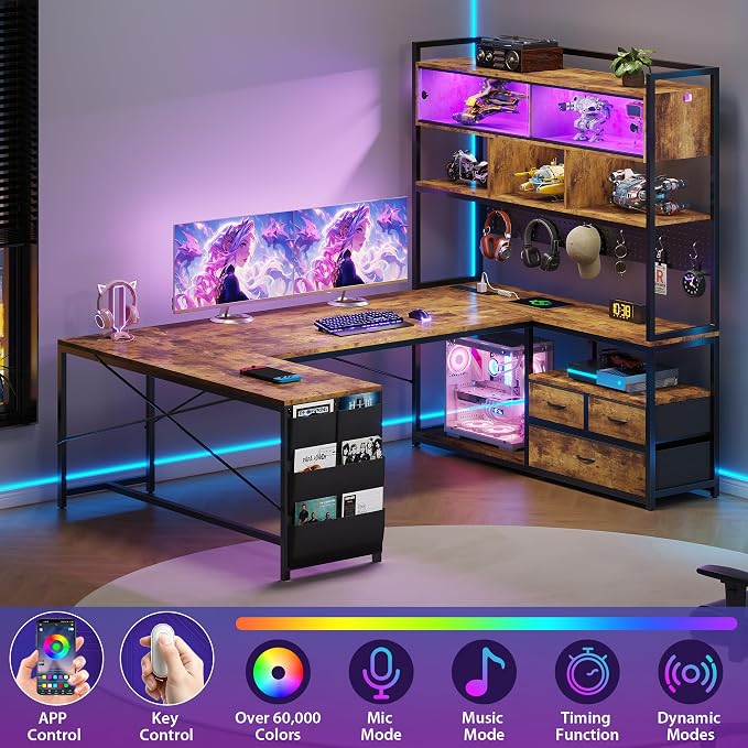 Dnxao 65" Gaming Desk with 3 Drawers and Pegboard, Rustic Brown | Reversible U Shaped Computer Desk with Power Outlets and LED Lights, Storage Shelves Workstation with Pegboard for Gamers - Image 8