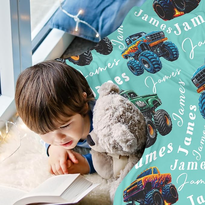 Ship Next Day, Personalized Truck Blanket - Printed in USA, Custom Name Blankets for Kids with Big Off Road Auto Vehicle Graphic, Home Bedding Decor, Fun Birthday Gift for Boys&Girls Women Man - Image 3