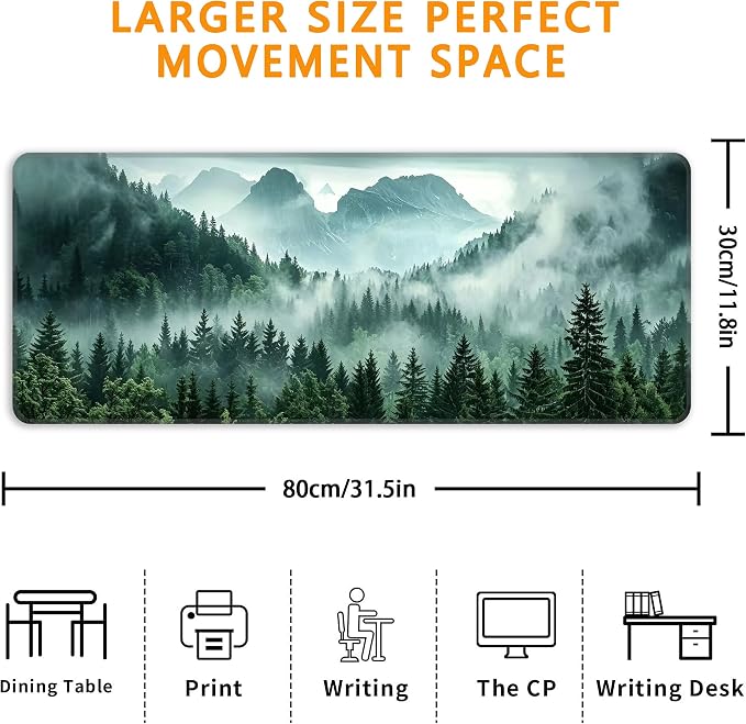 Green Misty Forest Desk Mat, XL 31.5"x11.8" Large Mouse Pad, Mountains Extended Gaming Mouse Mat,Non-Slip Rubber Base Waterproof with Stitched Edges for Gaming Office Home Decor - Image 3