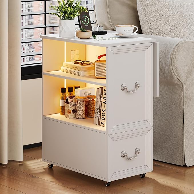 Dystler Rolling Side Table Set of 2 on Wheels, with Charging & LED Lights - Image 9