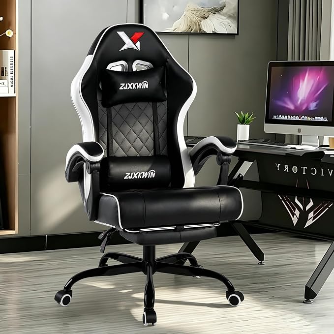 Gaming Chair for Adults with Footrest,White | Pocket Spring Cushion, Ergonomic Backrest Office Chair,PU Leather Lumbar Support and Headrest, Adjustable Height,Metal Base - Image 2