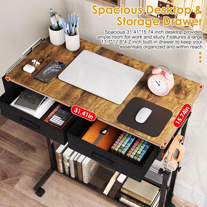 Small Rolling Standing Desk, Height Adjustable Mobile Sturdy Desk with 2 Fabric Drawers & Storage Shelf, Portable Sofa Side Laptop Table for Home Office, Small Spaces, 31.41"" x 15.74"", Rustic Brown - Image 6