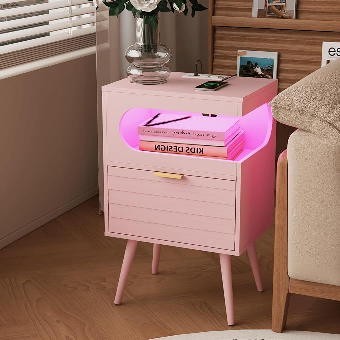 Veegle Nightstand,Modern Bedside Table with Storage Drawer and Open Wood Shelf, Accent Night Stand with Solid Wood Legs for Living Room, Bedroom and Small Spaces,Easy Assembly (Pink-1) - Image 7