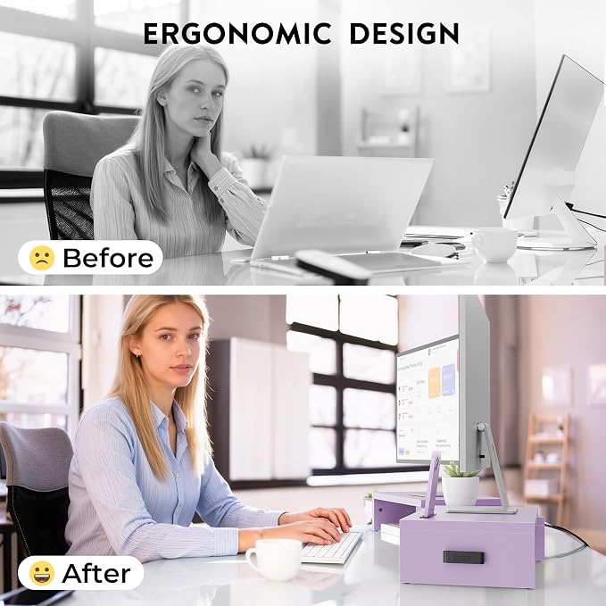 BONTEC Dual Monitor Stand Riser, Adjustable Length & Swivel Angle, Purple | Ergonomic Wooden Desktop Organizer with Smartphone Holder, Computer Monitor Stand for PC, Laptop,Printer and Large Storage - Image 5
