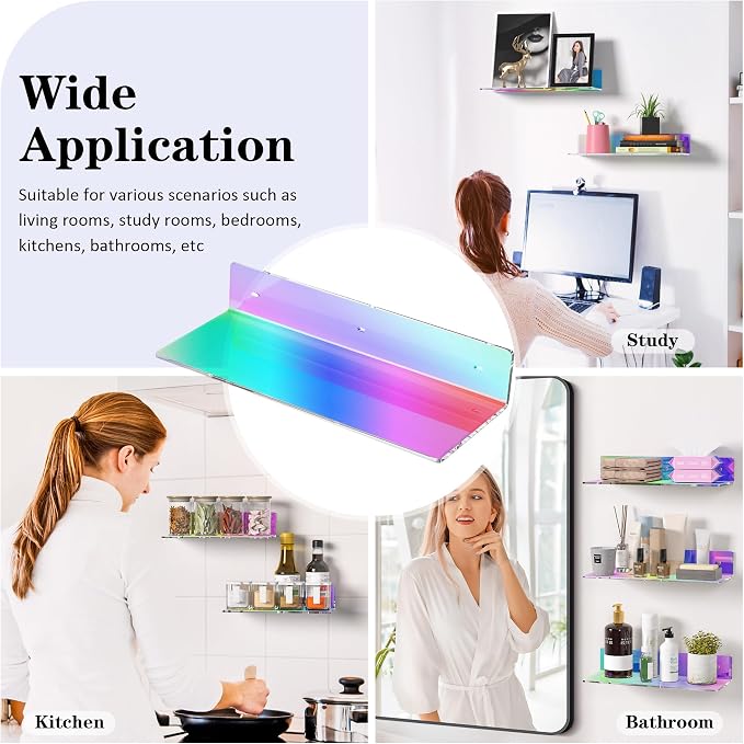 Sezanrpt 2 Pack Iridescent Acrylic Floating Shelves 15 Inches, Wall Hanging Bathroom Shelves, Wall Storage Shelf for Kitchen, Dining Room, Living Room, Bedroom, Bathroom, Retail, Supermarket - Image 6