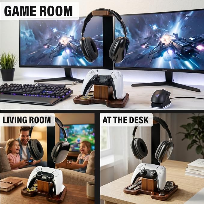 Gaming Equipment Headset Stand with Game Controller Holder & Storage Base, Stylish Gamer Gifts for Men Teenage Boy Headphone Stand, Unique Gifts for Gamers to Organize Gaming Accessories (Brown Wood) - Image 2