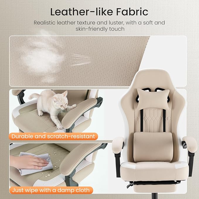 DUMOS Ergonomic Gaming Chair with Footrest, Video Game Chairs | Comfy Lumbar Support, Linkage Armrests, Tech Fabric, Pocket Spring Cushion, Office, Adults Students, Light Brown - Image 5