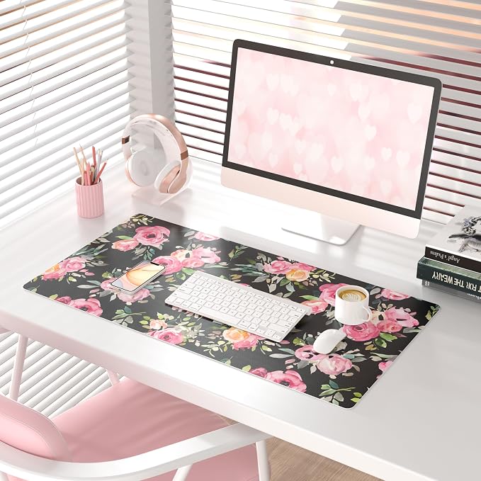 QiyI PU Leather Large Mouse Pad, Office Décor, 31.5" x 15.7", Pink Flowers | Desk Décor Accessories, Extended Size, Waterproof & Easy to Clean, Smooth Surface, Non Slip Desk Organization - Image 2