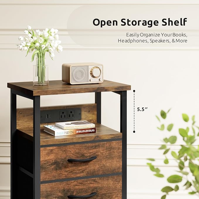 Lazzanto Night Stand with Charger Station, 3 Fabric Drawers, Brown - Image 8