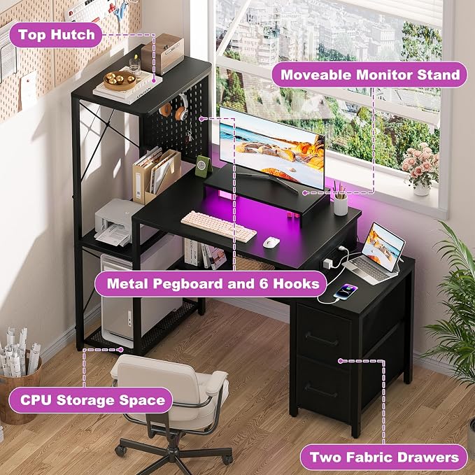 Small Gaming Desk with 2 Fabric Drawers - Reversible Computer Desk with Power Outlet & LED Lights, 49" Office Desk with Monitor Stand & Storage Shelves, Writing Study Table with Pegboard, Black - Image 4
