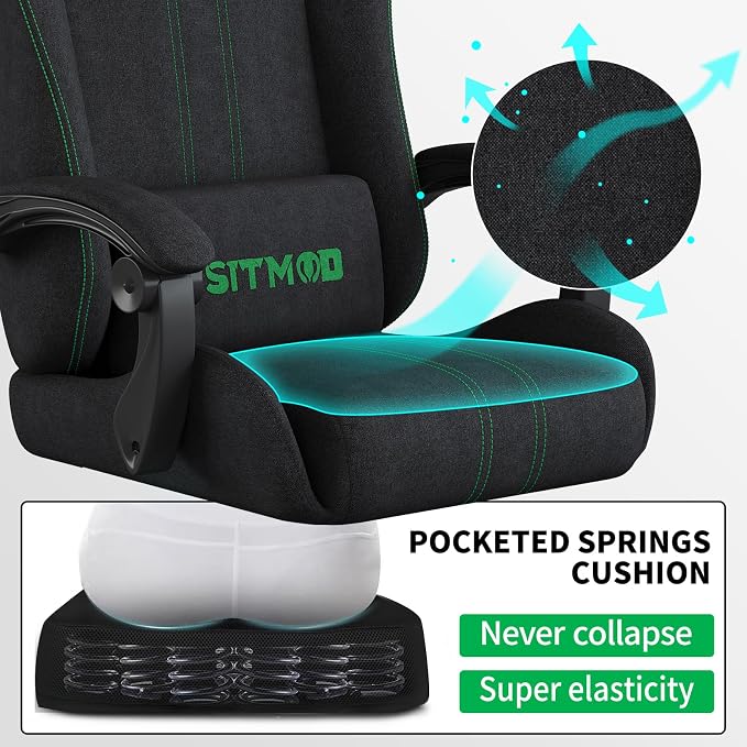 Fabric Gaming Chair with Footrest, Big Tall Reclining Ergonomic Chair | Breathable Fabric, Spacious Seat, Headrest And Lumbar Support Provide Lasting Comfort For Gaming, Work And Relaxation - Image 4