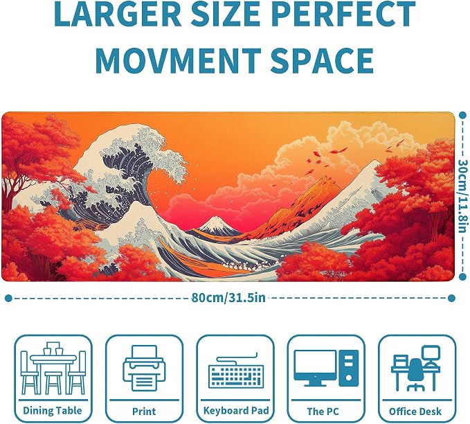 Japanese Sea Wave Mouse Pad Red Desk Mat XL Mouse Gaming Pads, Sea Keyboard Pads Extra Large Desktop Computer Mats with Non-Slip Base & Stitched Edges, Vintage Office Decor 31.5x11.8 - Image 2
