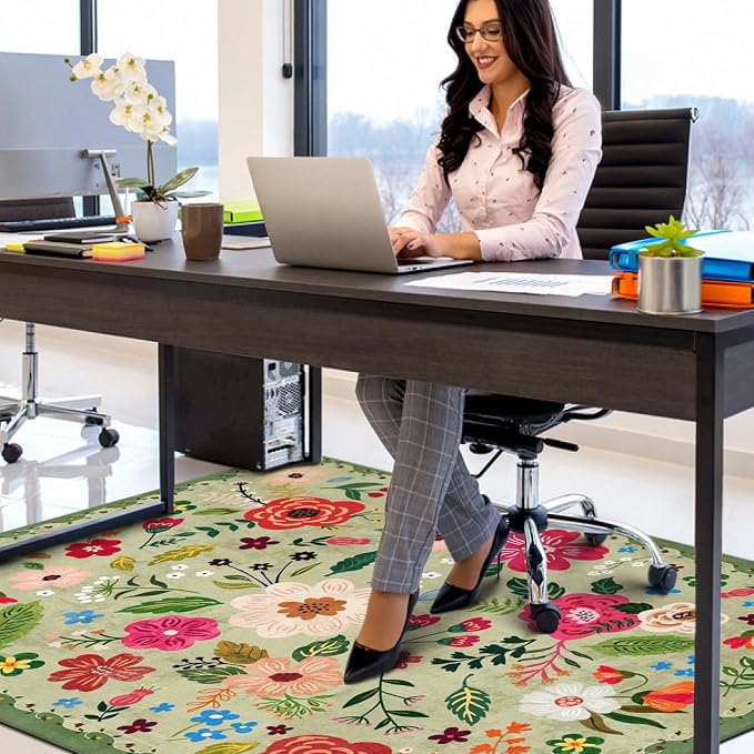 Office Chair Mat for Hardwood & Tile Floor,Boho Floral 36"x48" Office Computer Chair Mat for Rolling Chairs,Under Desk Non Slip Gaming Rug,Rubber Backing Large Low-Pile Carpet Protector Mat(Green) - Image 5