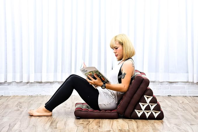 Leewadee - Comfortable Japanese Floor Mattress Used As Thai Floor Bed with Triangle Cushion, Futon Mattress Or Thai Massage Mat, 67 x 21 inches, Brown Red | Floor & lounge cushion for relaxing, reading & TV - for meditation & yoga, firm & stable - Image 4