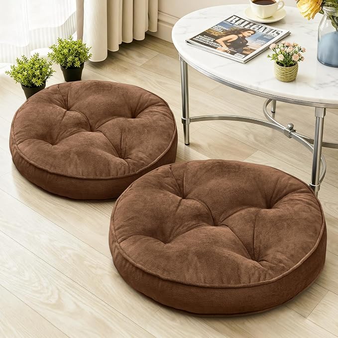 1 MIDDLE ONE Floor Pillow Set of 2, Memory Foam Meditation Cushion, Floor Cushions for Adults Sitting, Large Round Seat Cushions for Yoga, Living Room, 20x20 Inch (Round | Brown) by 1MIDDLEONE