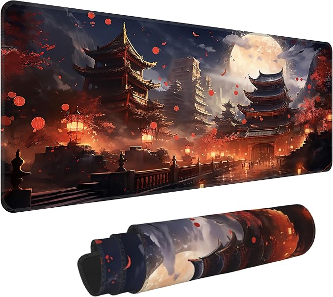 Japanese Desk Mat, XL 31.5"x11.8" Large Mouse Pad, Full Moon Extended Gaming Mouse Mat,Non-Slip Rubber Base Waterproof with Stitched Edges for Gaming Office Home Decor by Unknown