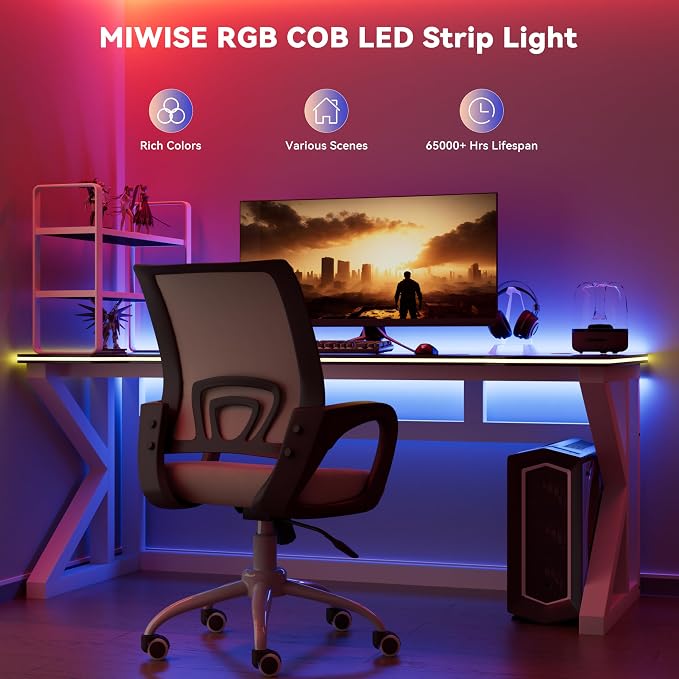 MIWISE RGB COB LED Strip Light 20ft/6.1m,Color Changing Dimmable Strip Light DC24V,Multicolor Flexible Tape Light 10mm Width,for TV,Bedroom,Party DIY Decoration(Power Supply&Controller NOT Included) - Image 5