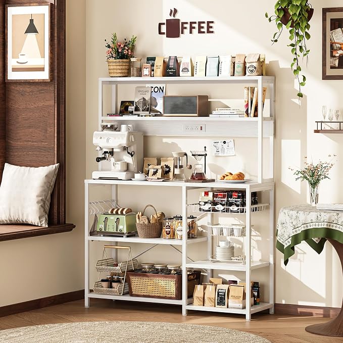 SUPERJARE Bakers Rack with Power Outlet, 47.2 Inches Coffee Bar with Basket - Image 9