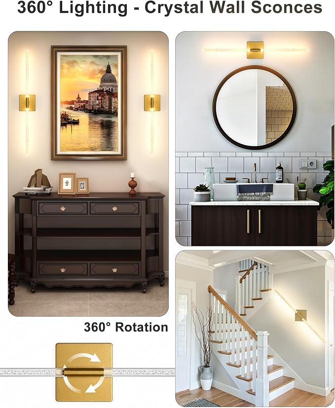 Wall Sconce Set of 2: Gold Rechargeable Wireless Magnetic Install, Crystal - Image 5