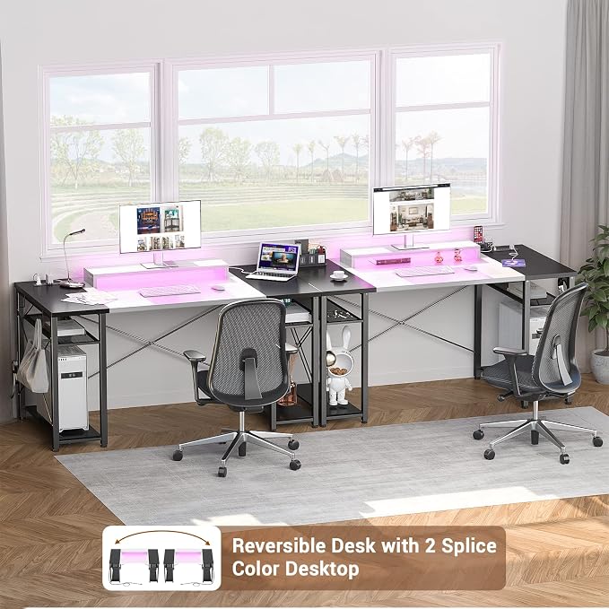 Armocity Computer Desk with LED Lights, 48 Inch Desk with Power Outlet and USB, Reversible Large Desk with Moveable Monitor Stand, 48'' Gaming PC Table for Home Office, Workstation, White and Black - Image 4