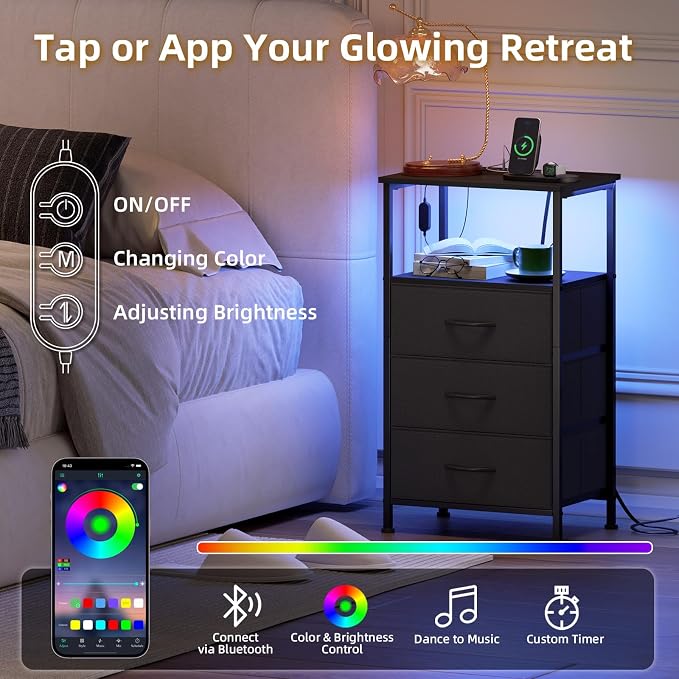 Somdot Nightstands Set of 2 with 3 Drawers, Charging Station & LED Light - Image 4