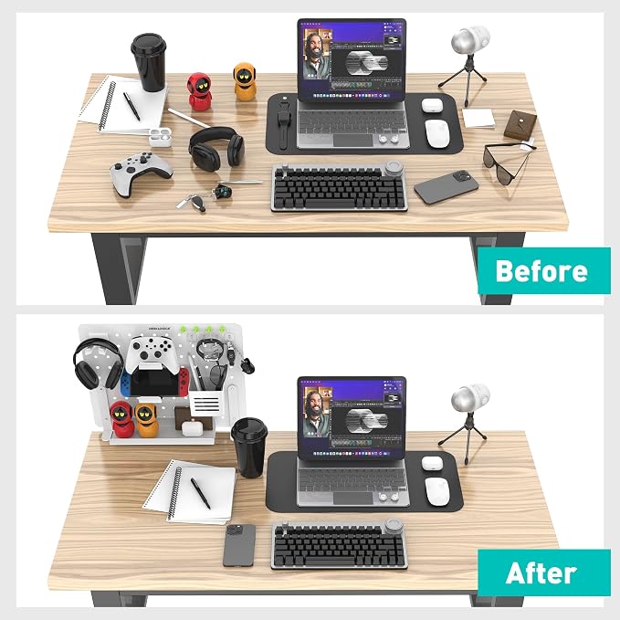 Clamp-on Desk Pegboard – Steel No Drill Desktop Organizer Panel with Gaming Controller Holder, Headphone Hook, and Storage Shelf – Vertical Mount for Office and Home Setup(White - Image 2