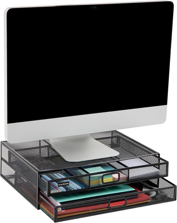Mind Reader Monitor Stand, Ventilated Laptop Riser, Storage Drawer, Office, Metal Mesh, Black by MindReader
