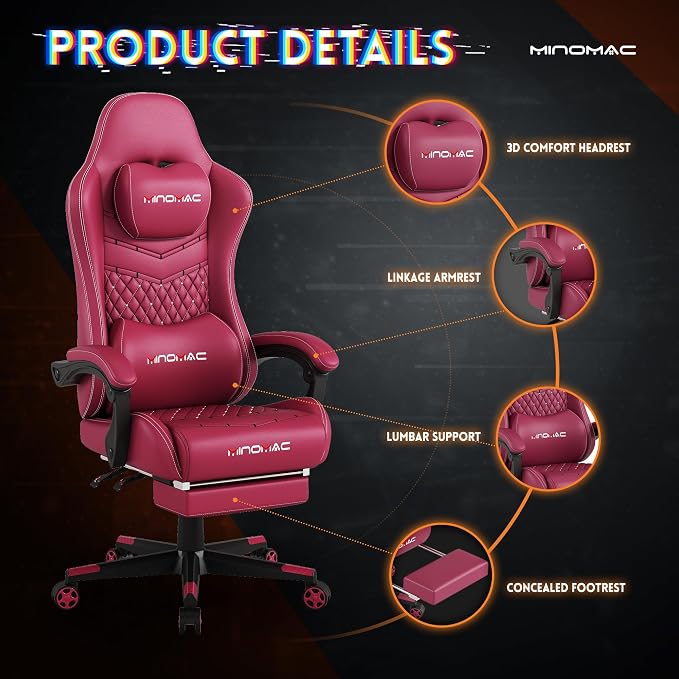 Gaming Chair,Big and Tall Gaming Chair 400lbs Office Chair with Footrest, 90-155° Recline & Removable Headrest Lumbar Support[Spring + 4D Sponge] (RED) - Image 4