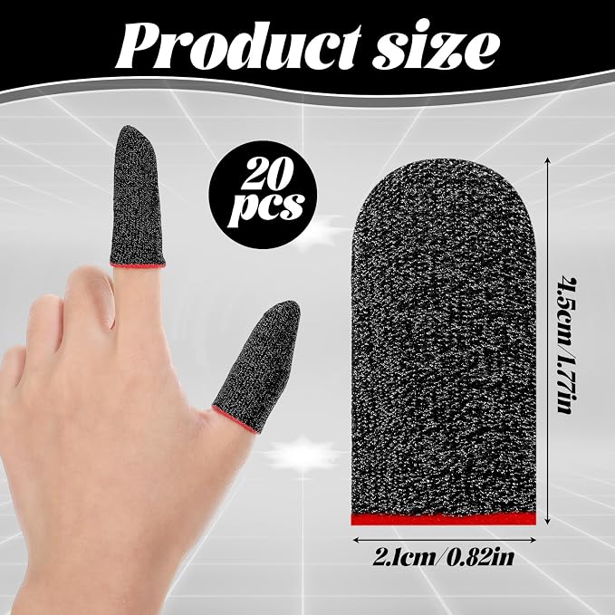 20 Pack Gaming Finger Sleeves Thumb Sleeves Mobile Gaming 0.3mm Silver Fiber Finger Gloves Smooth Feel Anti-Sweat Extremely Thin Fit Touchscreen Devices Phone Tablet Devices (Black) - Image 2