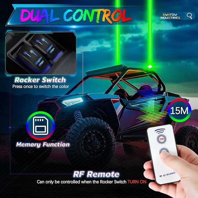 Whipless Whip Lights for UTV Lights RGB LED Light Bar w/Remote&Switch LED Lighted Whips Rear Strobe Light for Polaris RZR XP 1000 Ranger Can-Am x3 ATV UTV Side by Side Truck-RGBW - Image 4