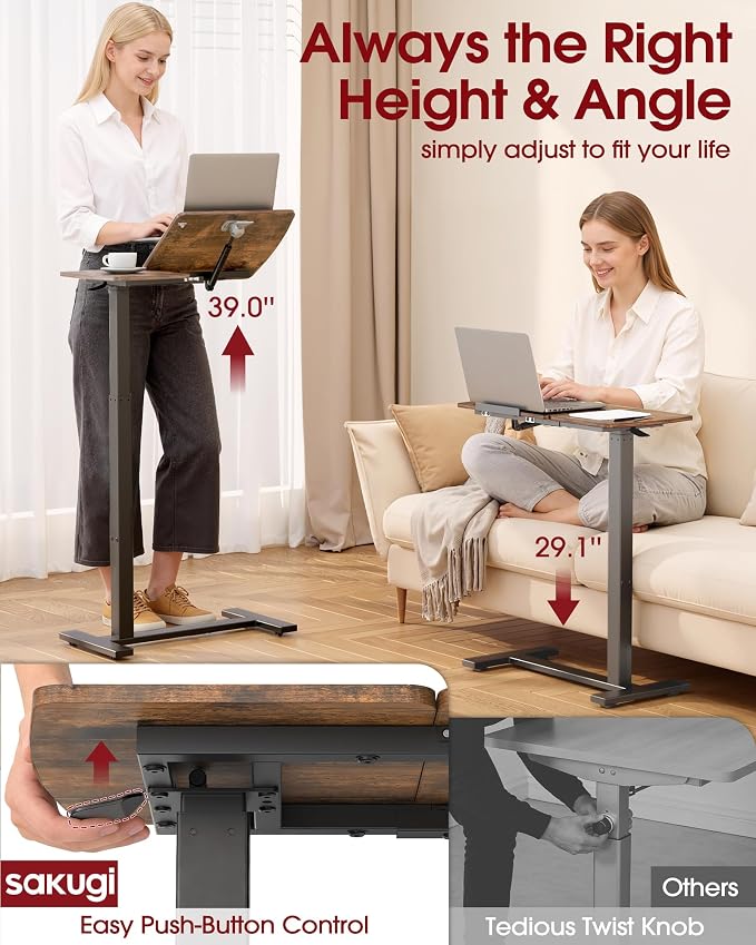 Sakugi Overbed Bedside Table with Wheels, Right-Side Tilt Top, Laptop Desk - Image 3