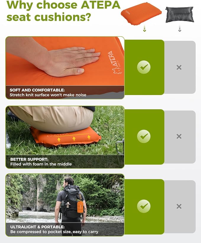 ATEPA Inflatable Seat Cushion | 2" & 2.5" Foam Core Seat Pad, Compact, Stadium, Airplane, Travel, Camping, Hiking, Sports Events, Self Inflating - Image 4