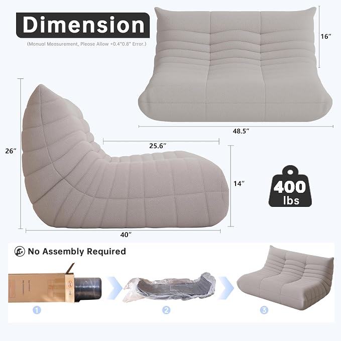 WHGBJA Loveseat Bean Bag Chair for Adults, Comfy Beanbag with Memory Foam | Floor Sofa Chair for Gaming, Reading, Bedroom, Living Room, Boneless, Ergonomic - Image 2