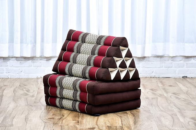 Leewadee - Comfortable Japanese Floor Mattress Used As Thai Floor Bed with Triangle Cushion, Futon Mattress Or Thai Massage Mat, 67 x 21 inches, Brown Red | Floor & lounge cushion for relaxing, reading & TV - for meditation & yoga, firm & stable - Image 6